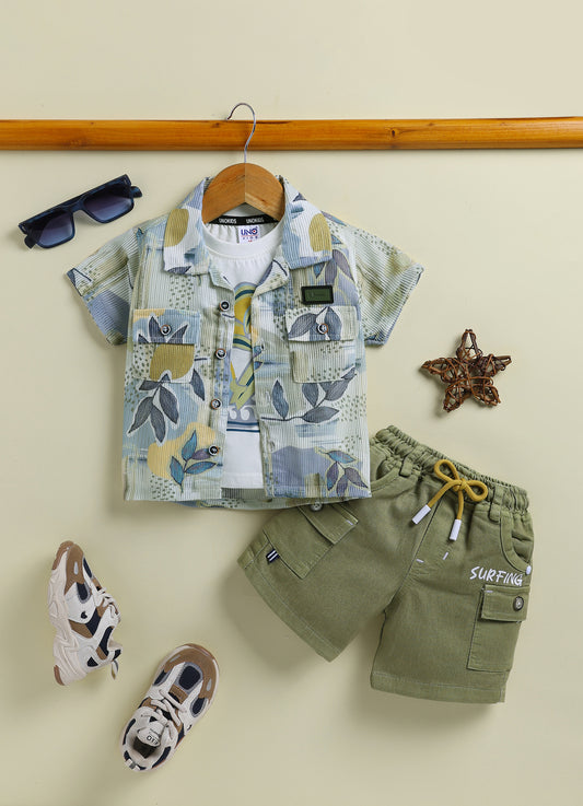 UNO KIDS Tropical Leaf Print 3-Piece Surf Suit Set for Boys-Green