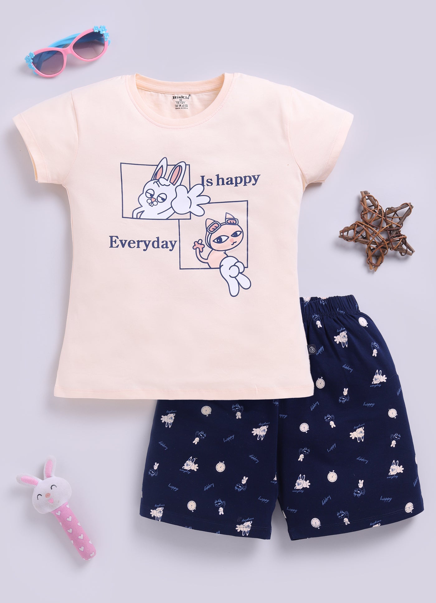 Peach Printed Lounge Wear for Girls by Biskid