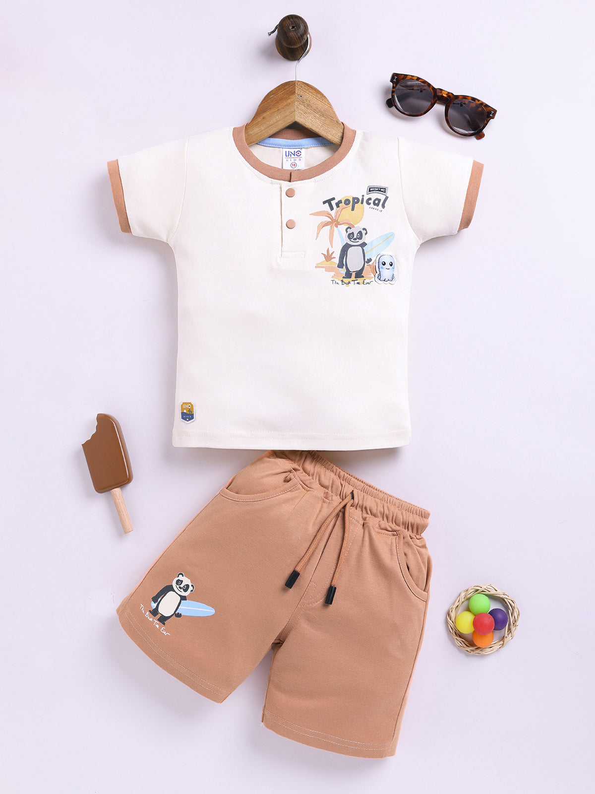 Brown Printed T-Shirt Pant Set for Boys by Uno Kids