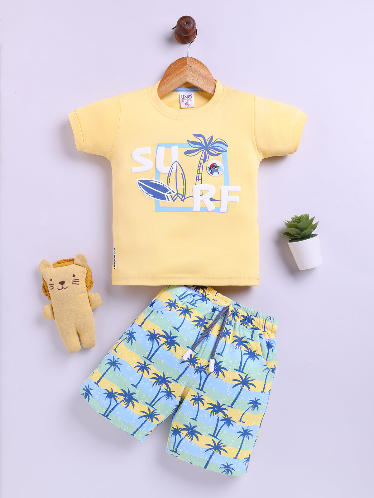 Yellow Printed T-Shirt Pant Set for Boys by Uno Kids