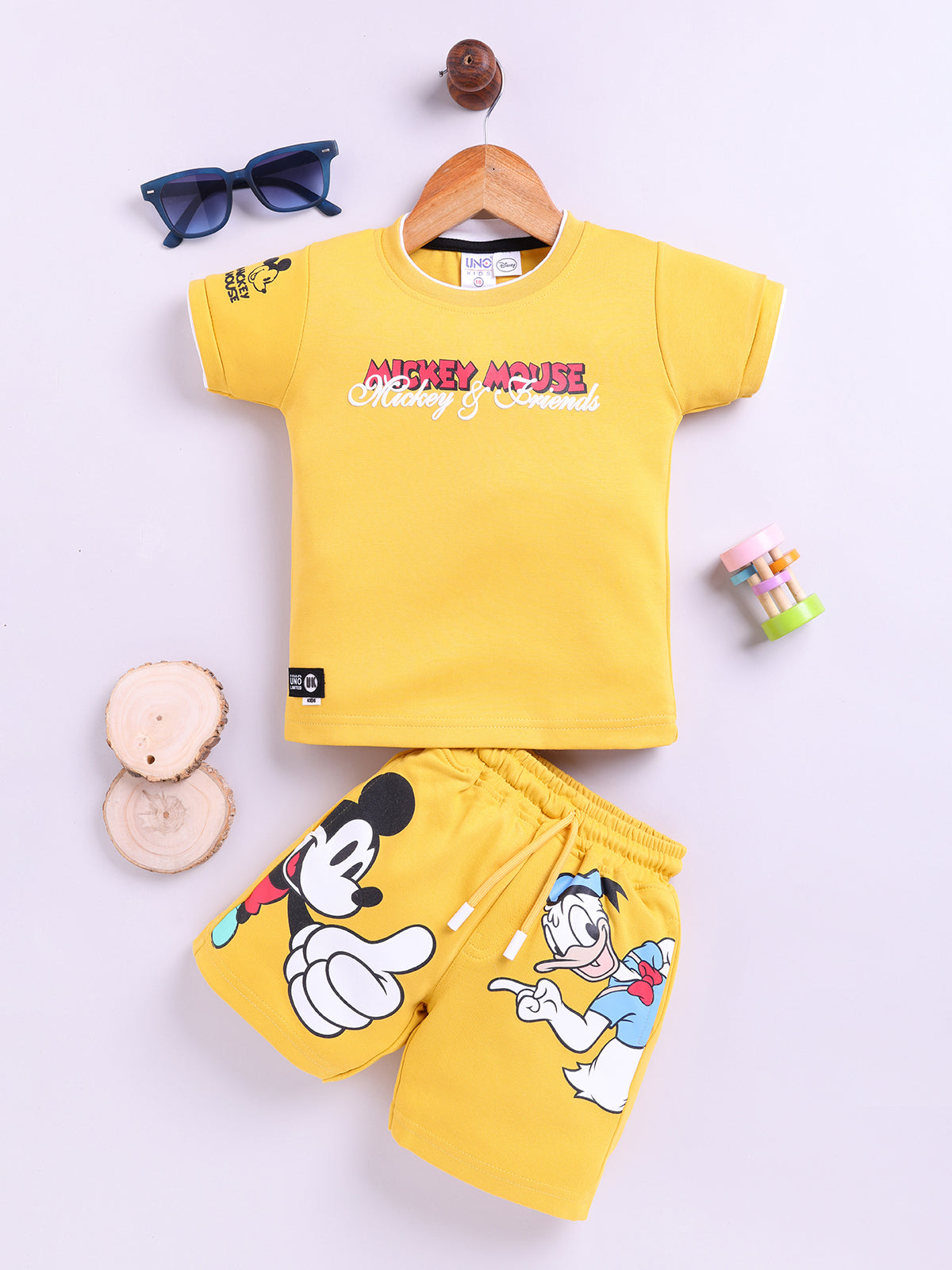 Yellow Micky Printed T-Shirt Pant Set for Boys by Uno Kids