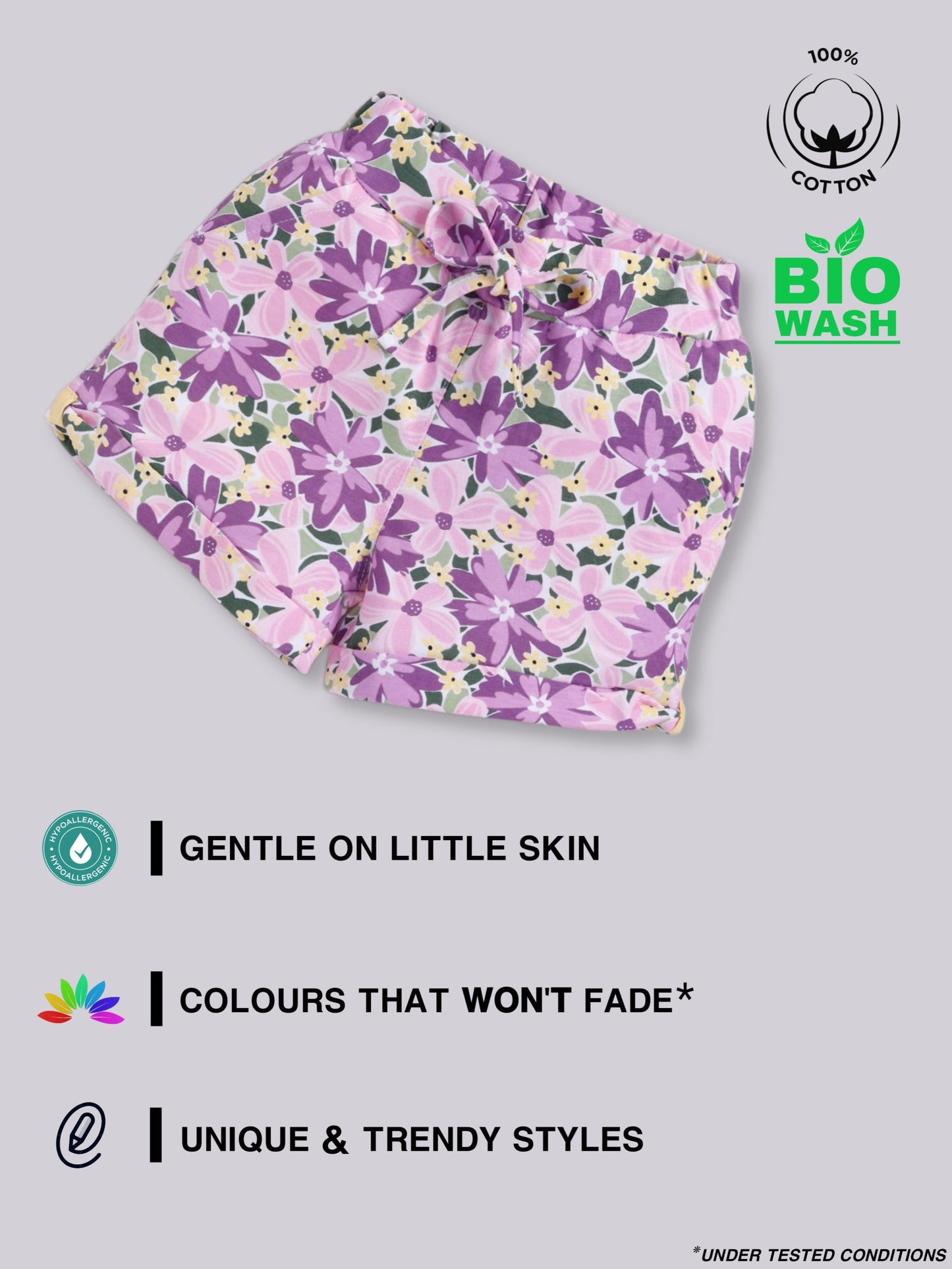White-Purple Foral Printed Shorts for Girls by Biskid