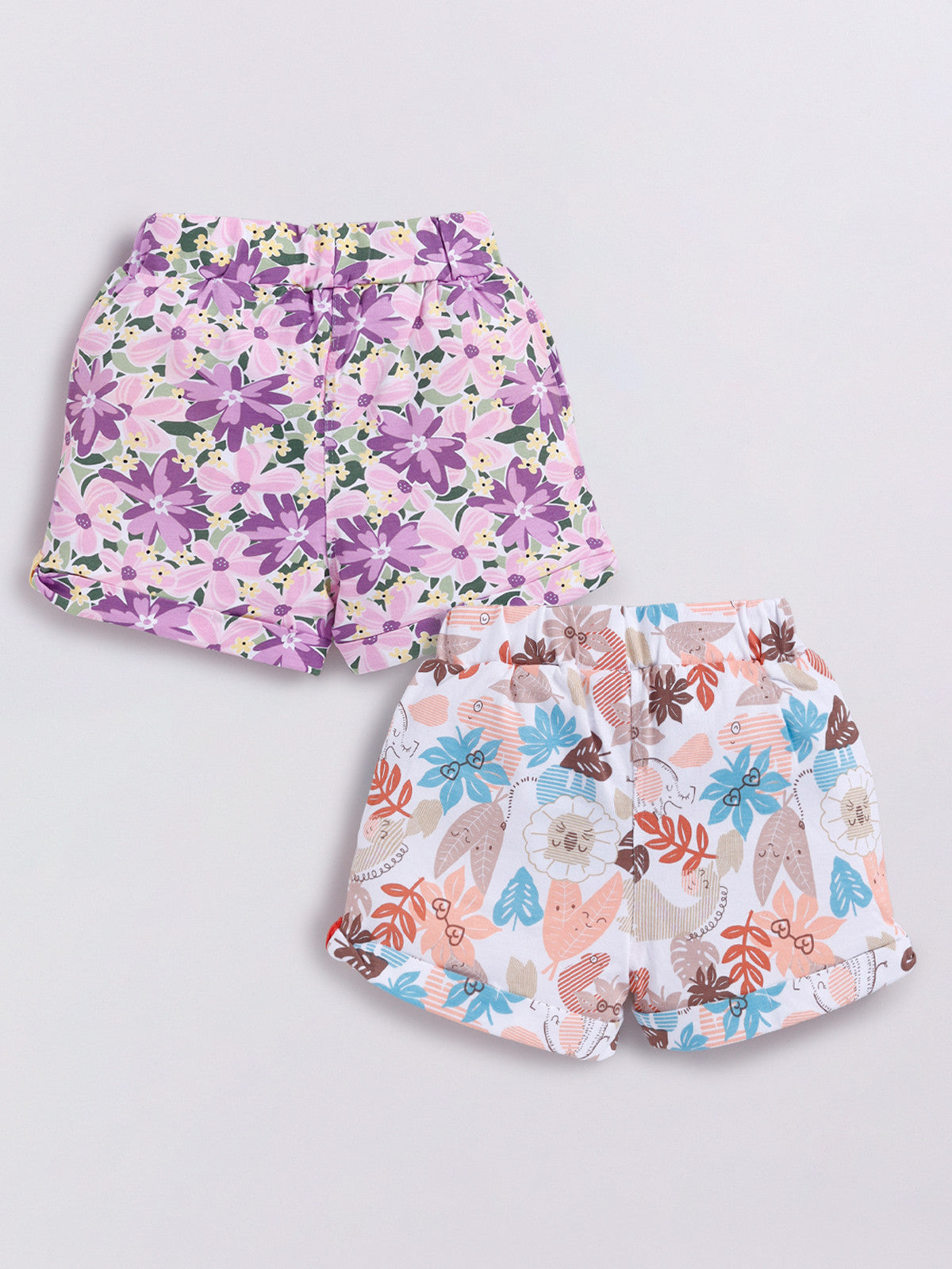 White Purple & White Brown Foral & Leaf Printed Shorts for Girls by Biskid