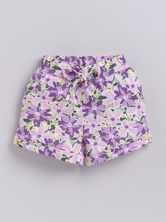 White Purple & White Brown Foral & Leaf Printed Shorts for Girls by Biskid