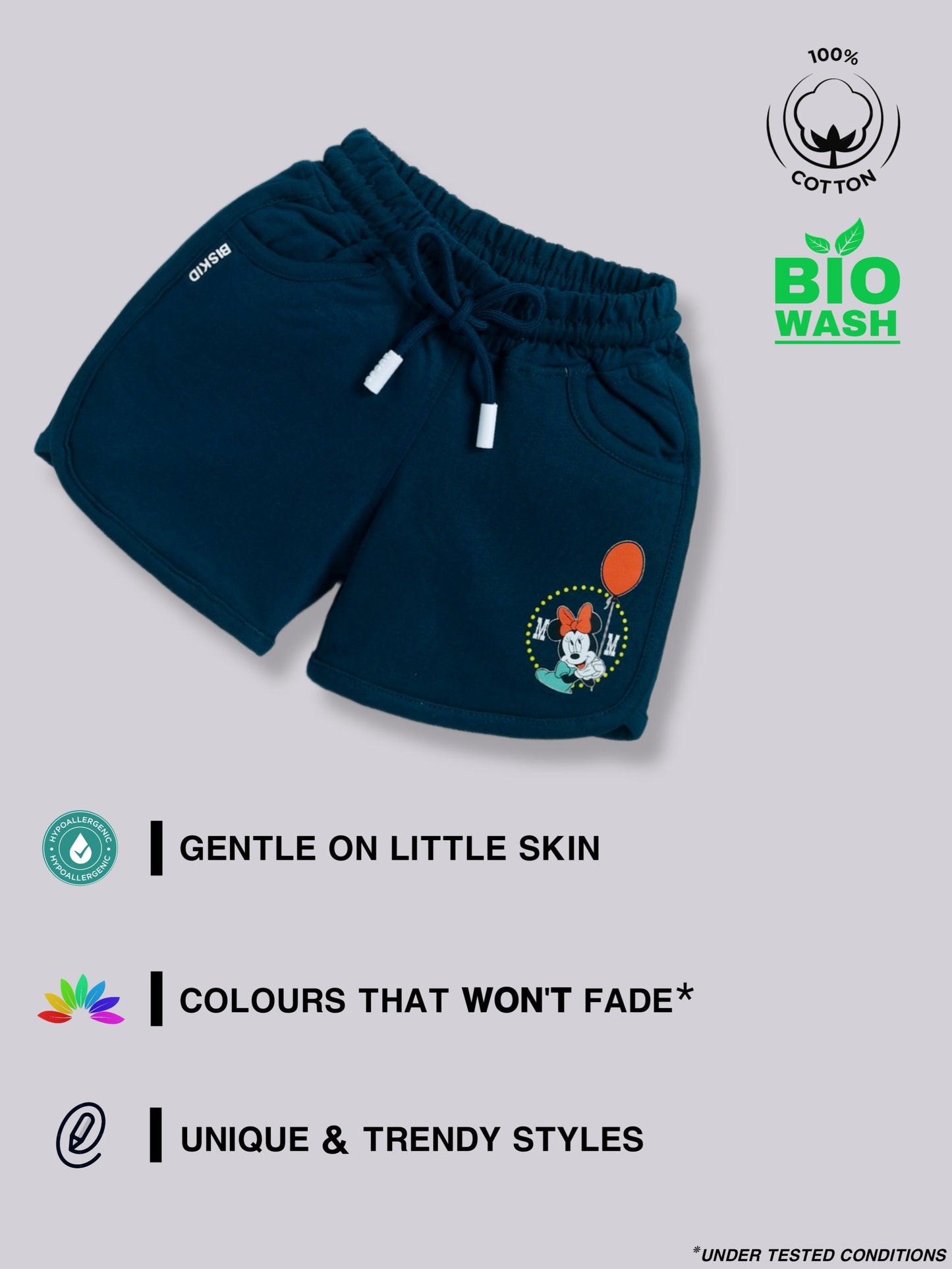 Ink Blue & Pink Micky Solid Shorts for Girls by Biskid