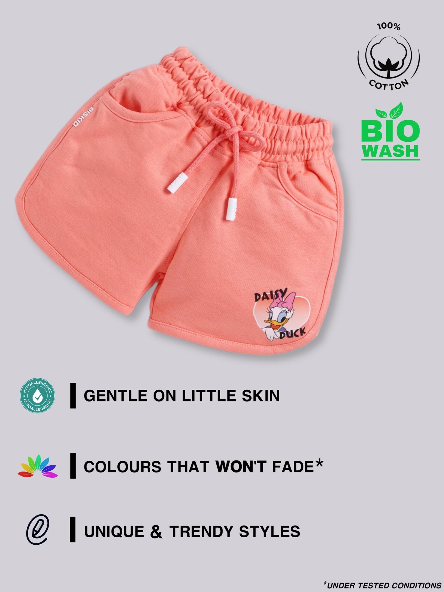 Peach Donald Duck Solid Shorts for Girls by Biskid