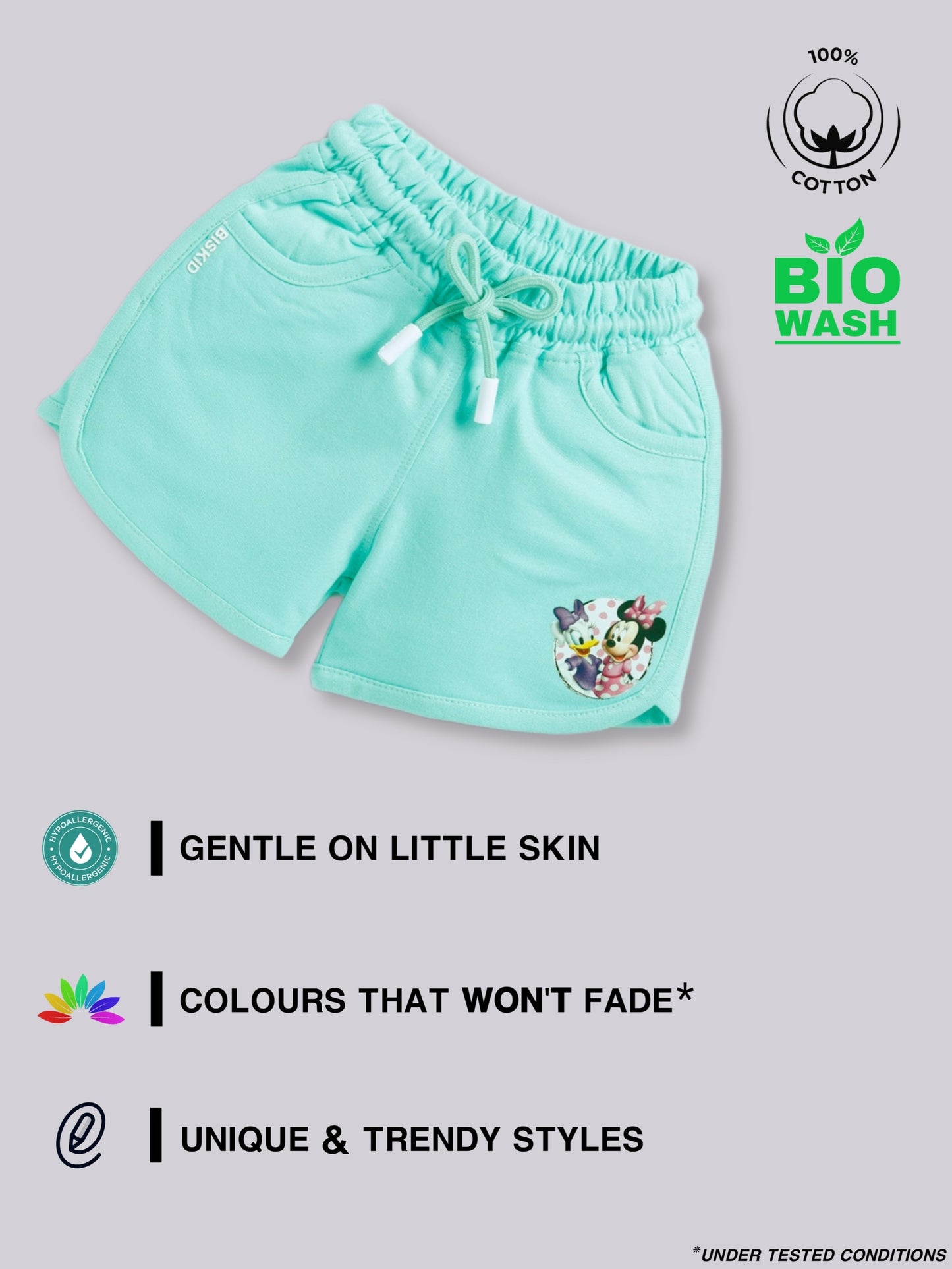 Sea Green Micky Solid Shorts for Girls by Biskid