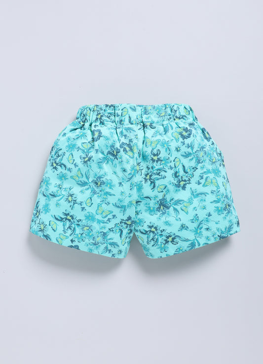 White Lavender & Sea Green Printed Shorts for Girls by Biskid