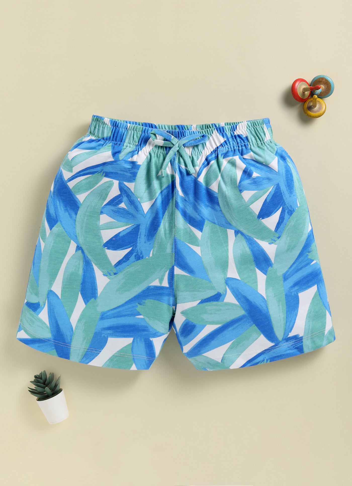 Biskid Girls Blue Leaf Print and Pink Palm Tree Tropical Casual Cotton Shorts Combo (Pack of 2)