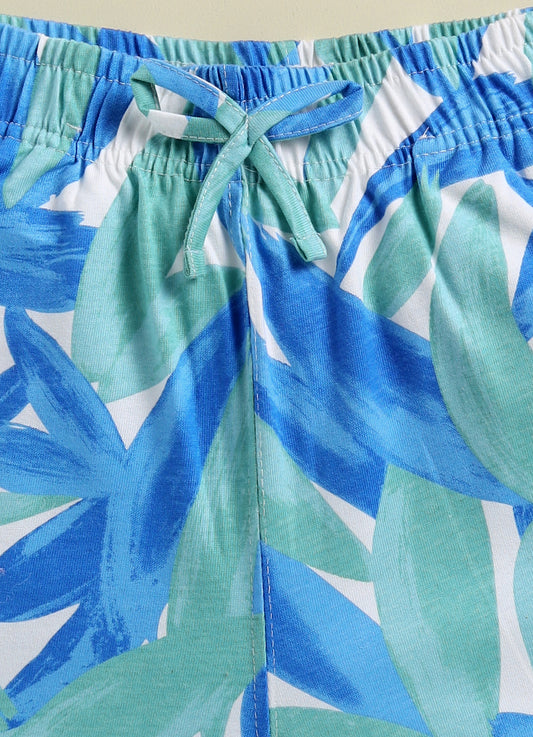 Biskid teal and blue abstract leaf print casual shorts for girls featuring an elasticated waistband with a functional drawstring tie.
