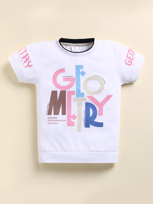 Image file U-19080-Peach.jpg showing a flat lay of a Todos brand boys two-piece clothing set. The outfit includes a white short-sleeve t-shirt with a multi-colored "GEOMETRY" graphic, paired with peach cargo shorts featuring a drawstring waist, "GEOMETRY" text on the hem, and a "TODOS" utility patch.