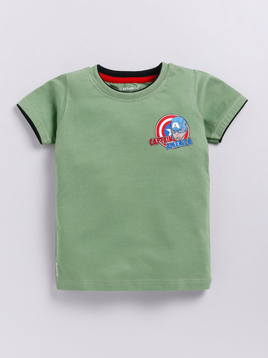 Image file _MG_5127 Colour Correction (4).jpg showing a flat lay of an olive green Biskid brand boys short-sleeve t-shirt featuring a Captain America graphic, his shield logo, and contrasting black and red neck trim.