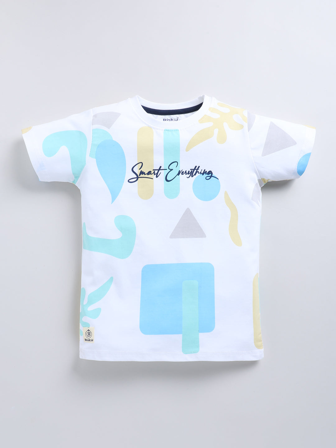 White & Blue Printed T-Shirt for Boys by Biskid