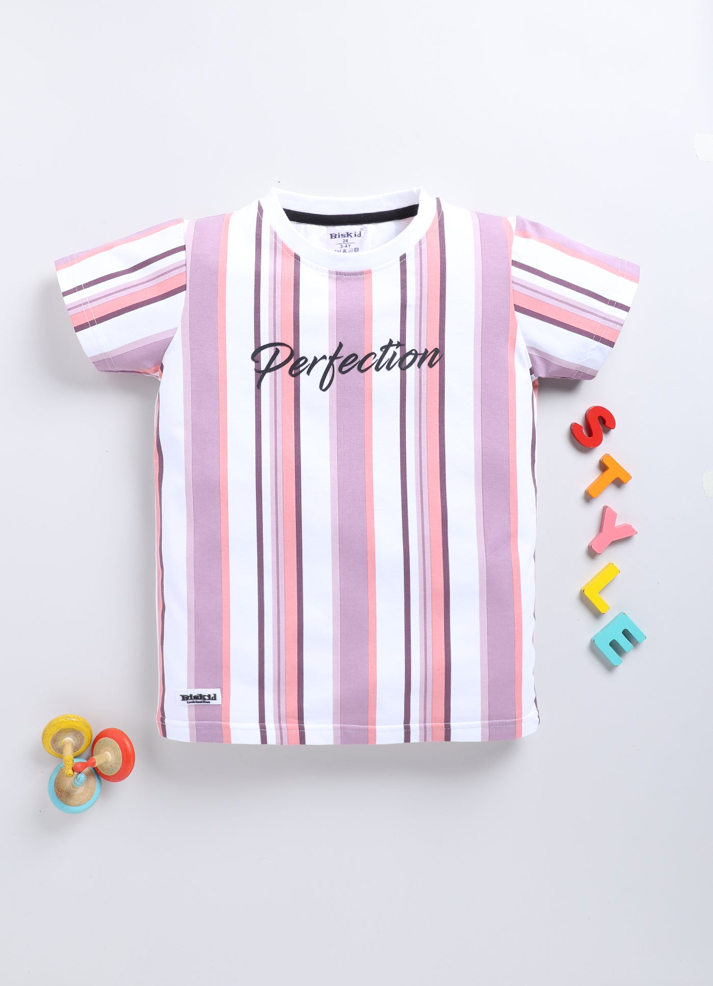 White & Mauve Stripes T-Shirt for Boys by Biskid
