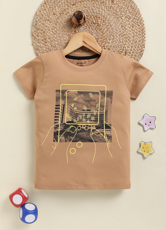 Biskid Boys Retro Gaming Graphic Crew Neck T-Shirt - Beige