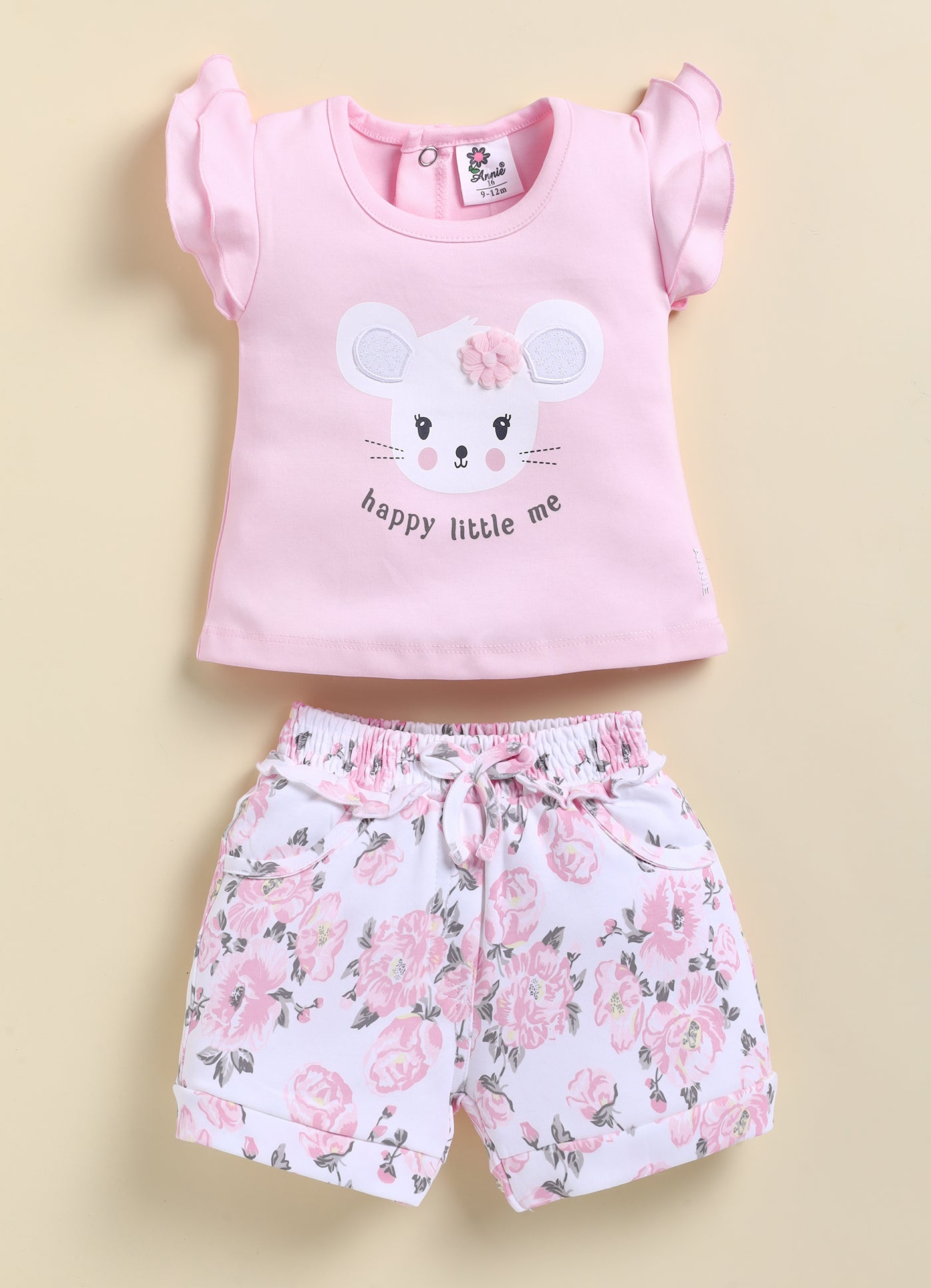 Pink Kitty face Printed Top Hot Pant Set for Girls by Annie
