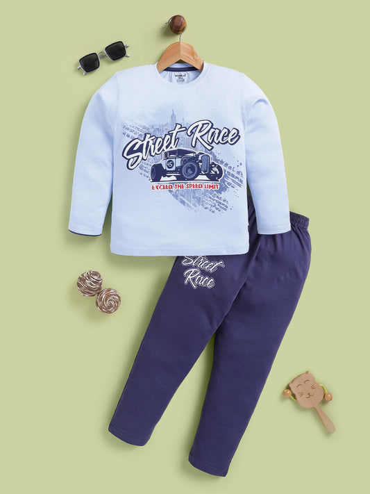 BISKID Cotton Knit Full Sleeves Street Race Text Printed Tshirt & Pant