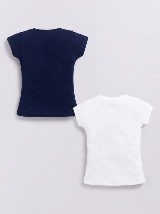 Image file Front combo_8.jpg showing a 2-piece set of Biskid brand girls' casual t-shirts; one is navy blue with a Minnie and Mickey "M" graphic, and the other is white with a playful "HAPPY" Minnie Mouse graphic, both featuring the "BISKID" brand label on the bottom hem.