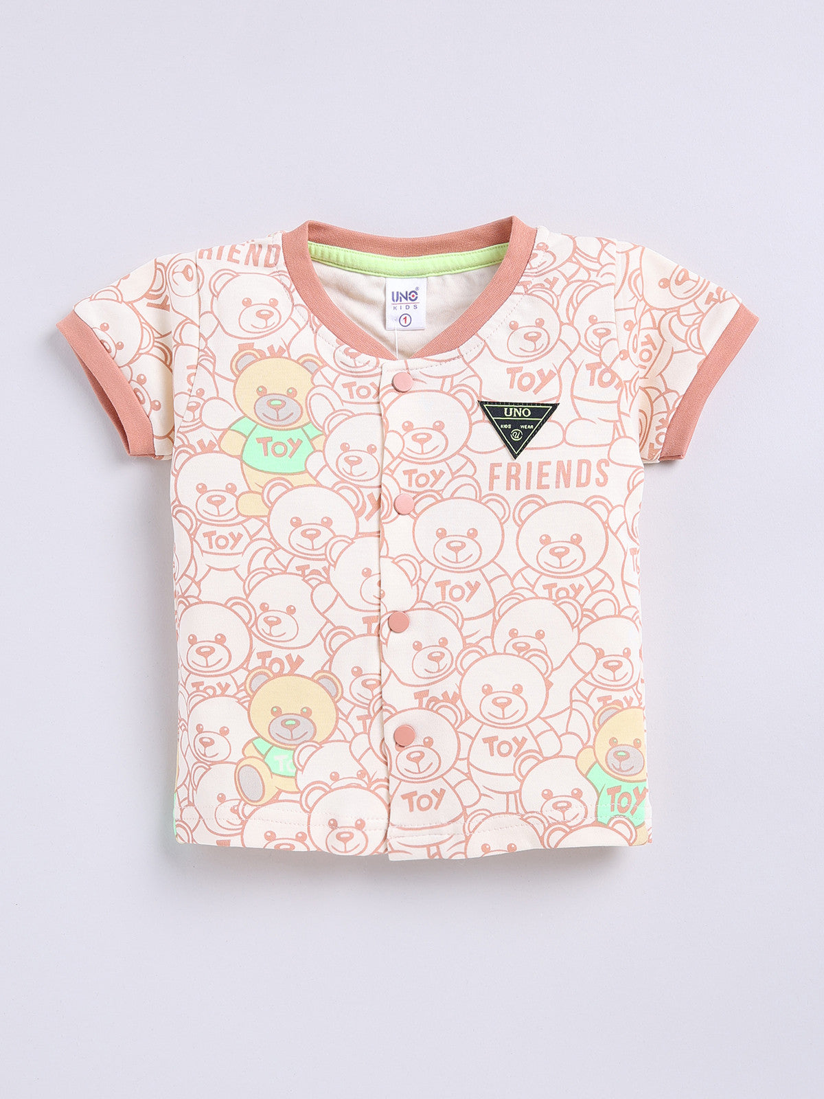 Peach Teddy Printed Shirt Pant Set for Boys by Uno Kids