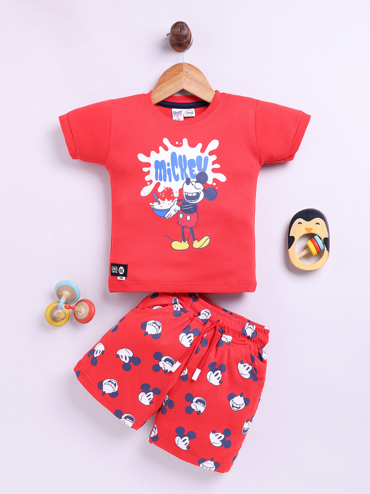Red Micky Printed T-Shirt Pant Set for Boys by Uno Kids