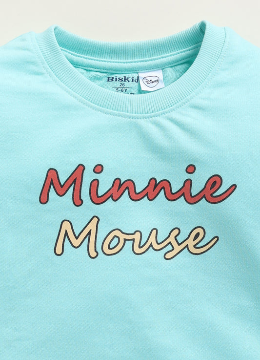 Image file 1754-Skyblue.jpg showing a Biskid brand girls sky blue fleece sweatshirt with "Minnie Mouse" lettering on the front, displayed on a wooden hanger with children's sneakers and decorative spheres nearby.