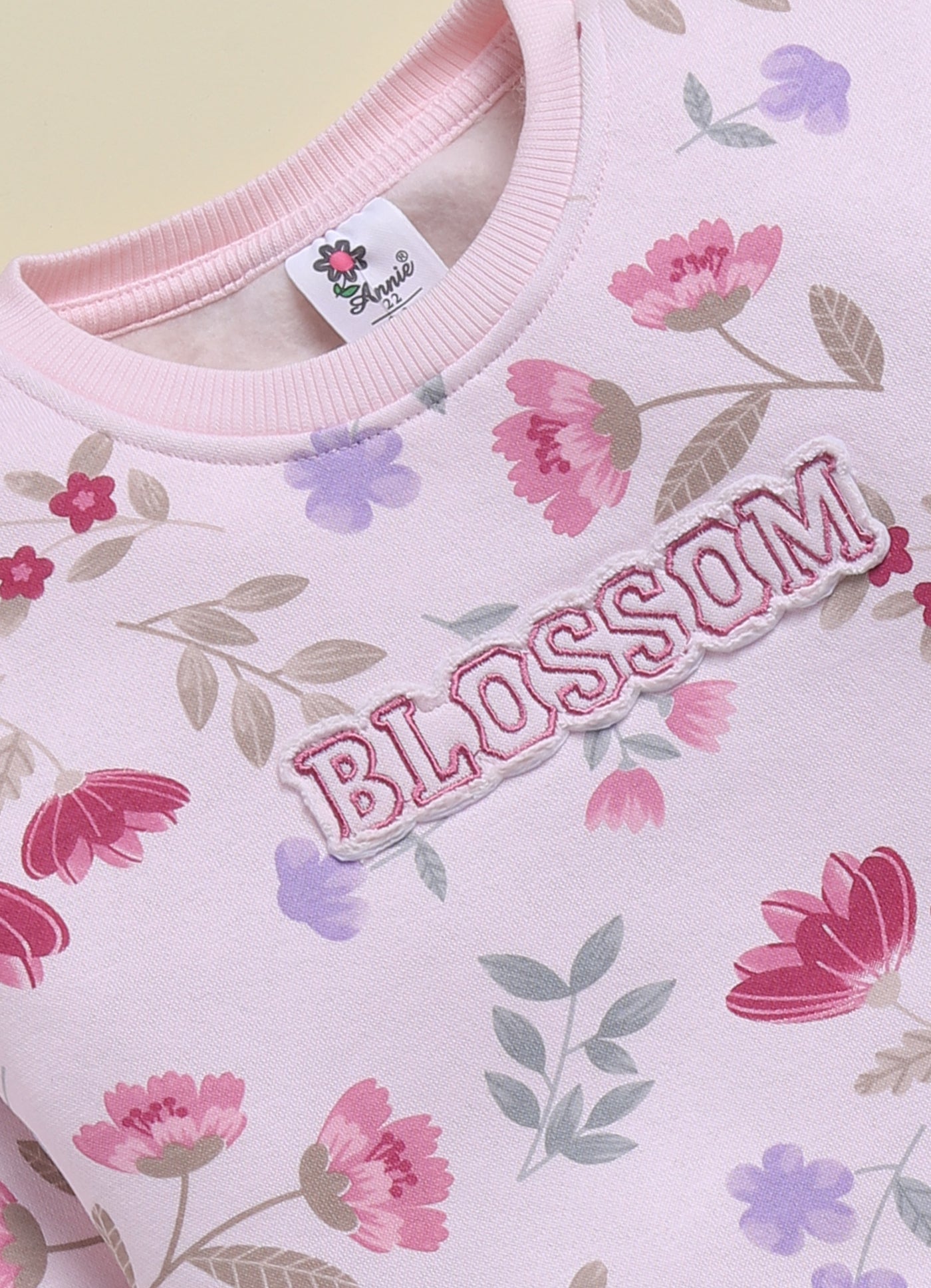 Annie Kids Fleece Knit to Knit Full Sleeves Blossom Text with Flower Printed Winterwear Sweatshirts & Pant