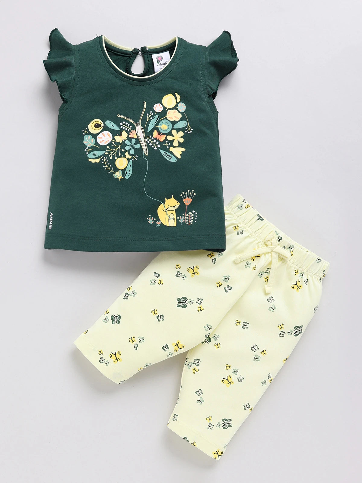 Green Butterfly Printed Top Capri Set for Girls by Annie