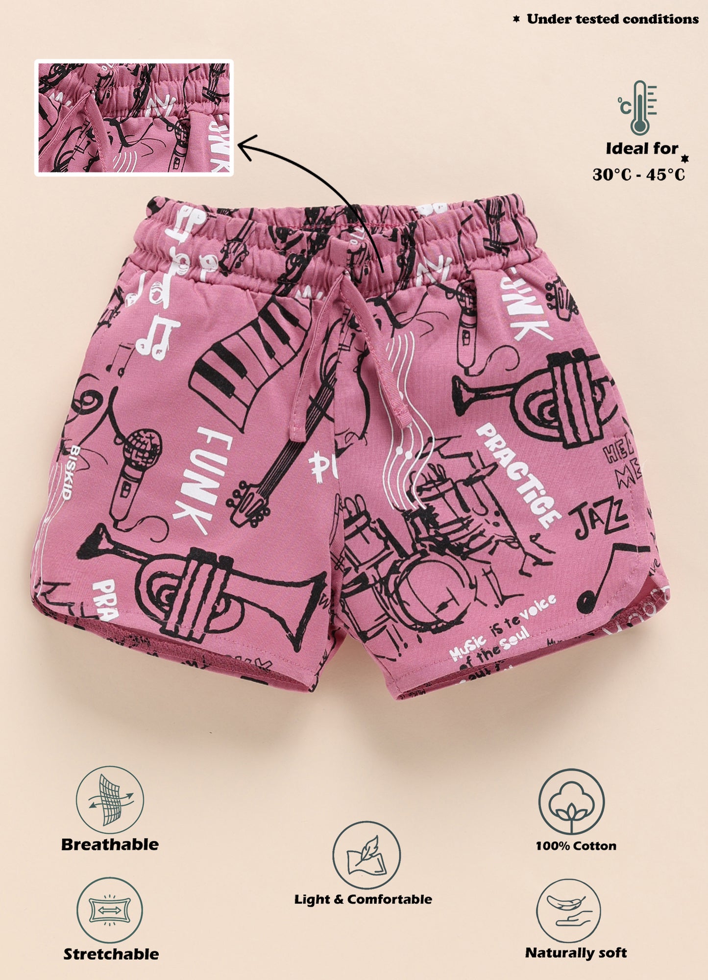 Biskid Girls Musical Graffiti Print Casual Shorts - Mauve