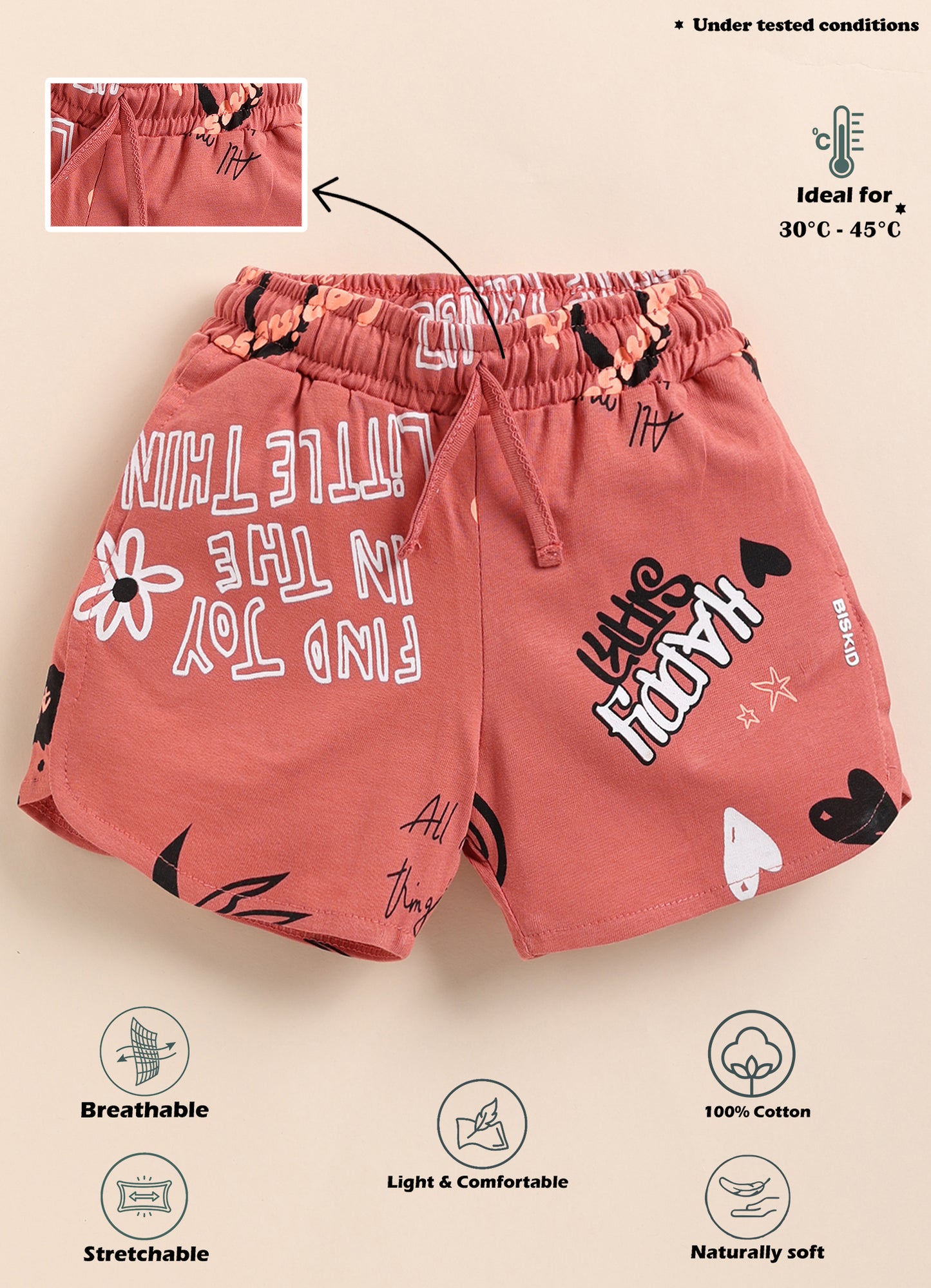 Biskid Girls "Love" & Peace Sign Print Casual Shorts - Orange