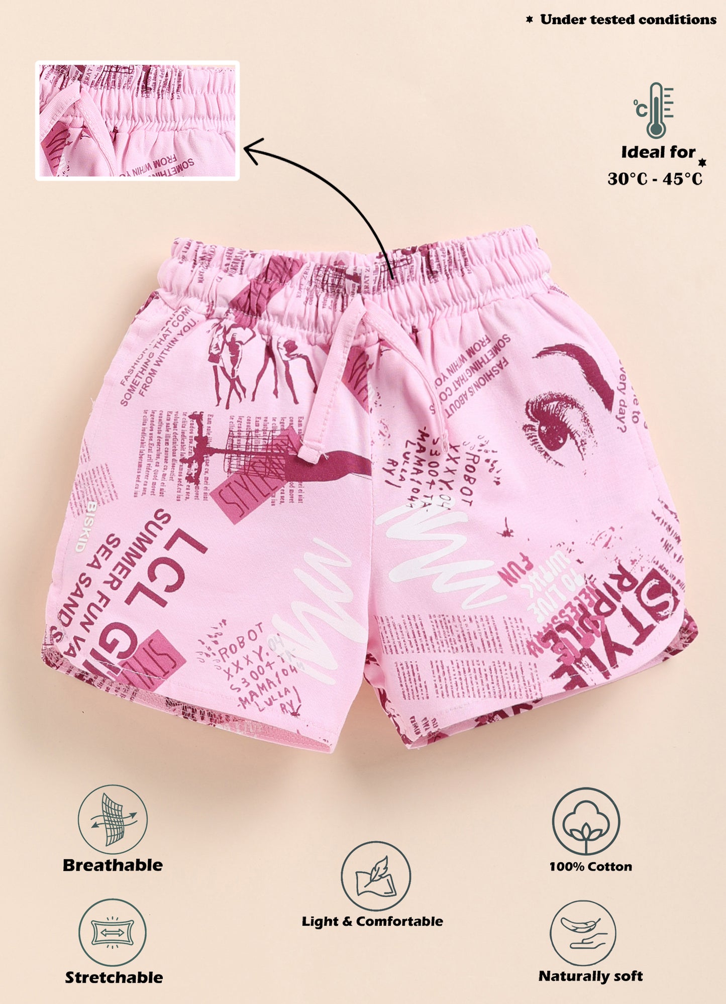 Biskid Girls "Style" Typography Print Casual Shorts - Light Pink