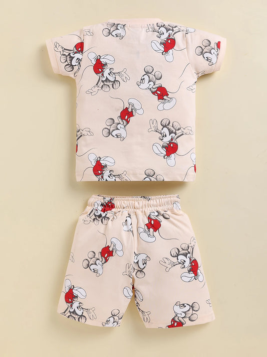 Light Peach Micky Printed Co-ord Set for Boys by Uno Kids