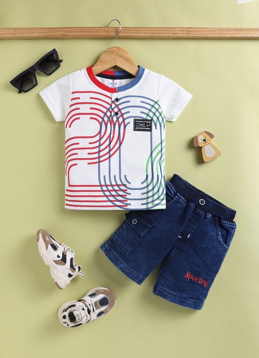 TODOS Boys Sporty Graphic Henley Red T-Shirt and Cargo Shorts Set