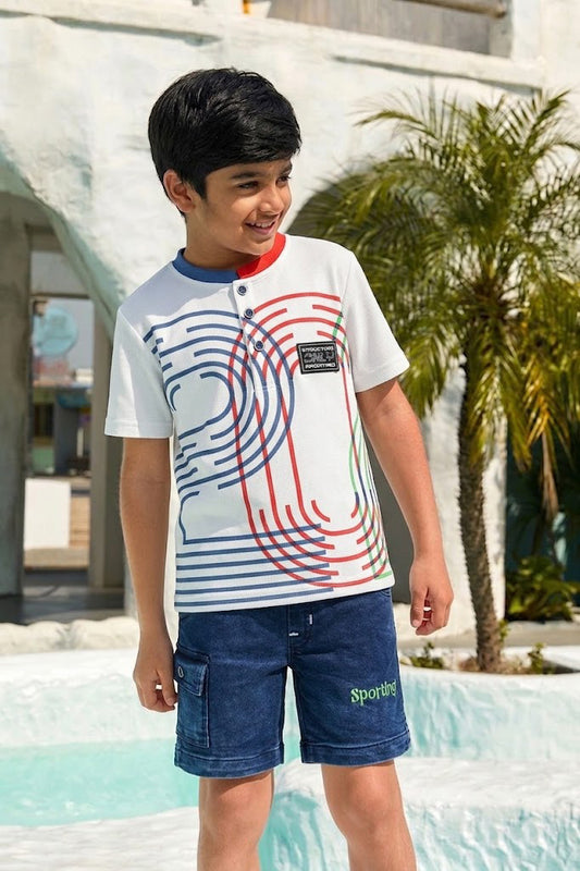 TODOS Boys Sporty Graphic Henley Blue T-Shirt and Cargo Shorts Set