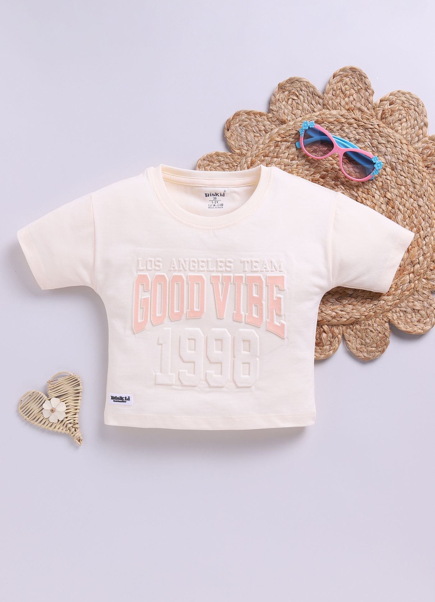 Cream Printed Drop Shoulder Top for Girls by Biskid