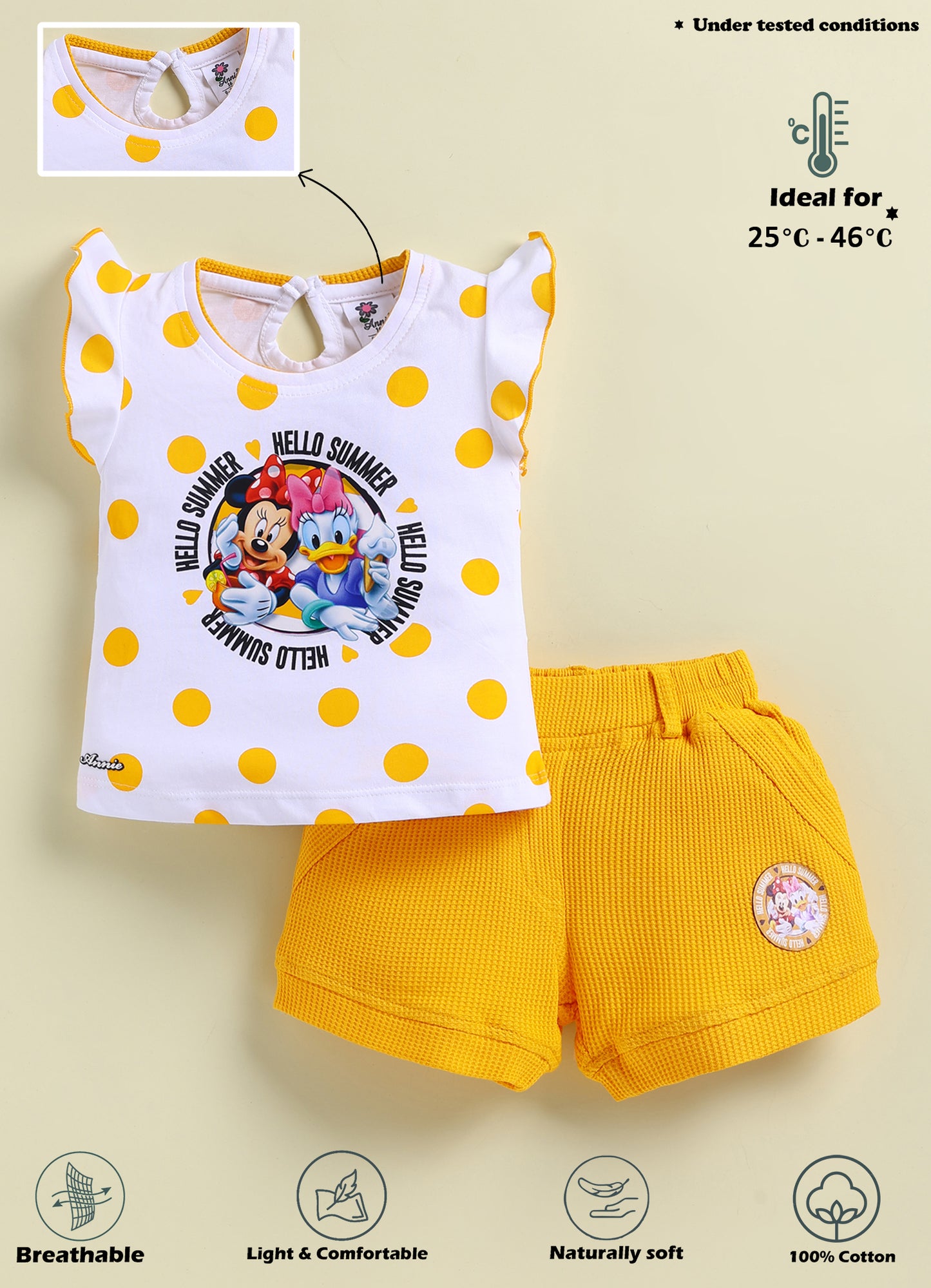 Annie Girls Minnie Mouse & Daisy Duck "Hello Summer" Polka Dot Yellow Top and Shorts Set