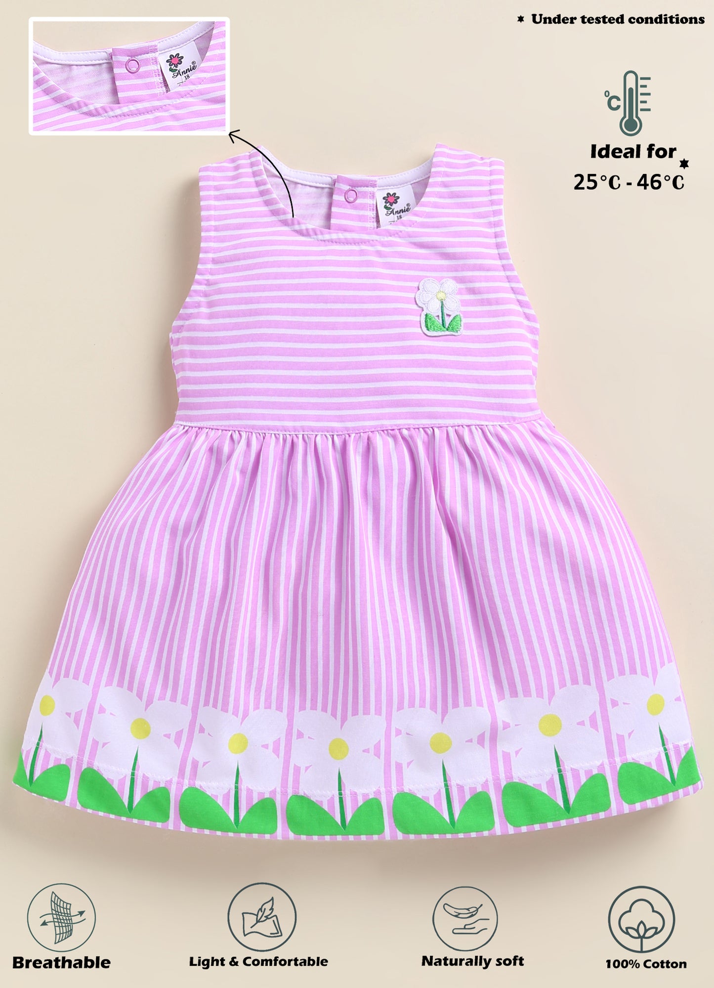Annie Girls Purple Striped Floral Hem Sleeveless Frock