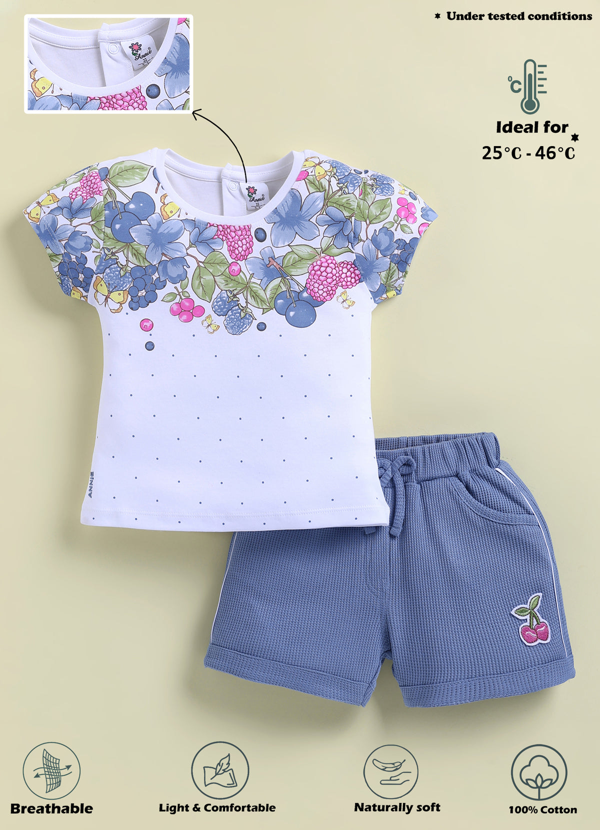 Annie Girls Floral & Berry Print Top and Blue Shorts Set