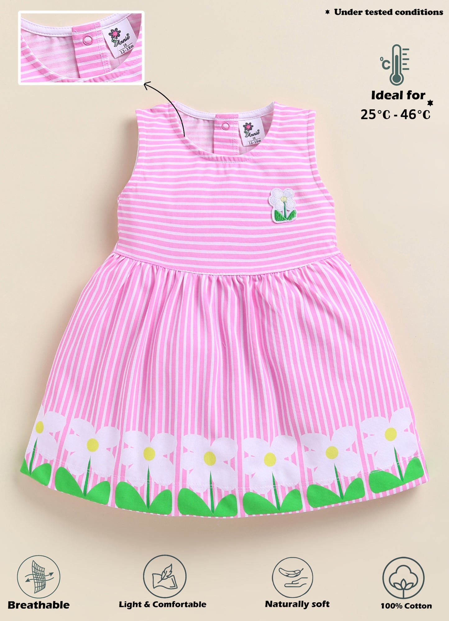 Annie Girls Pink Striped Floral Hem Sleeveless Frock