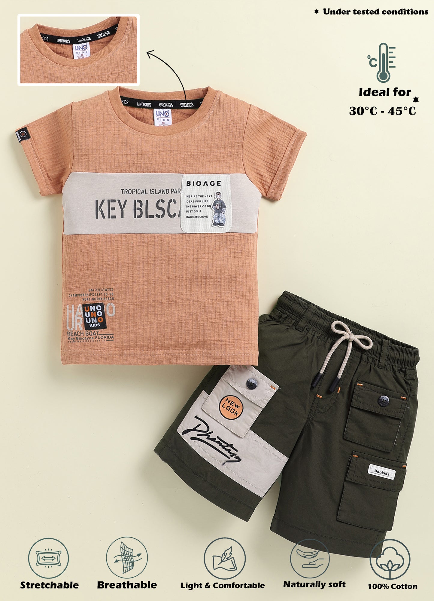 Unokids Boys Urban Graphic Tee and Cargo Shorts Set - Rust