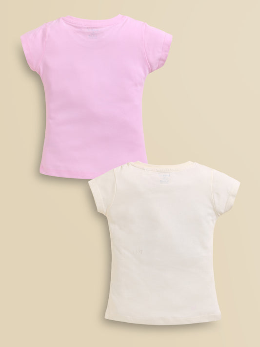 Image file showing a 2-pack of Biskid girls short-sleeve tops featuring Disney prints, including a cream top and a pink top both with a "Surfs Up" character surfboards graphic.