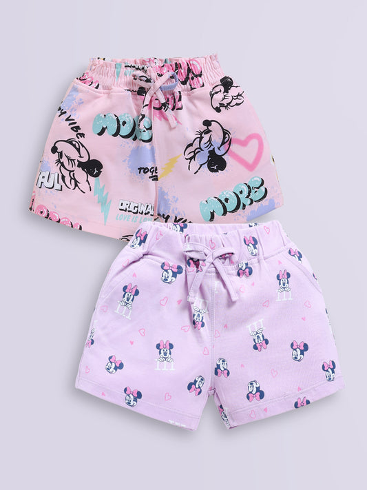 Biskid Girls Disney Minnie Mouse Pink Graffiti and Lavender Heart All-Over Print Casual Shorts Combo (Pack of 2)