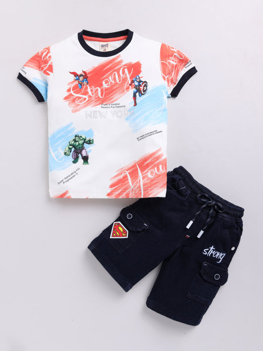 Red Printed T-Shirt Pant Set for Boys by Uno Kids