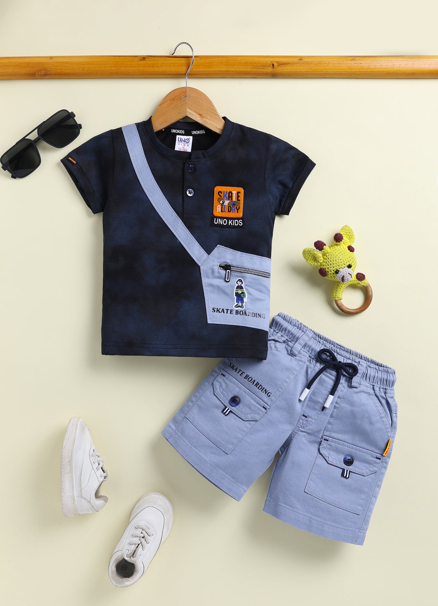 Unokids Boys "Skate All Day" Graphic T-Shirt and Cargo Shorts Set - Navy Blue