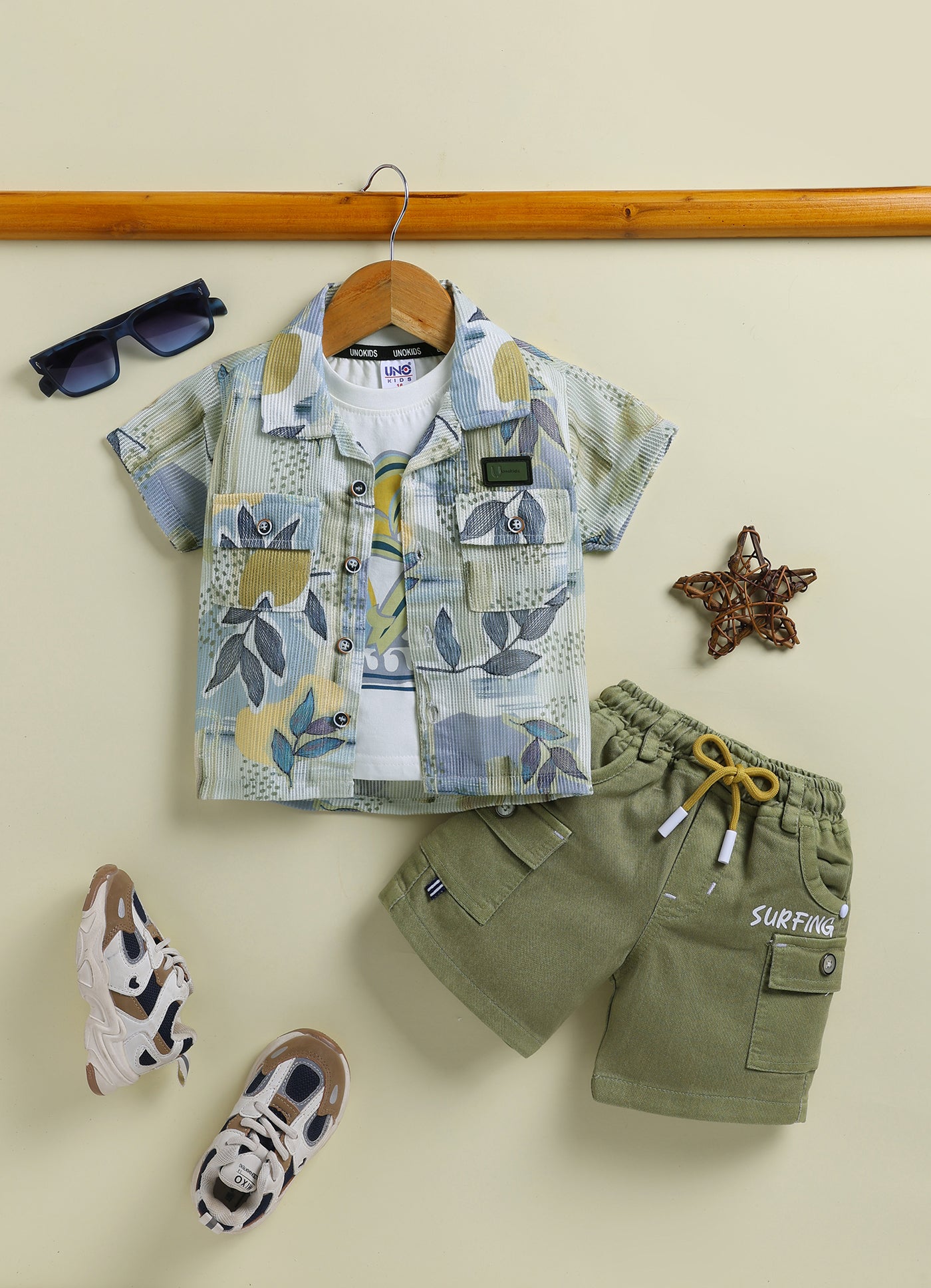UNO KIDS Tropical Leaf Print 3-Piece Surf Suit Set for Boys-Green