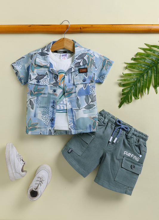 UNO KIDS Tropical Leaf Print 3-Piece Surf Suit Set for Boys-Grey