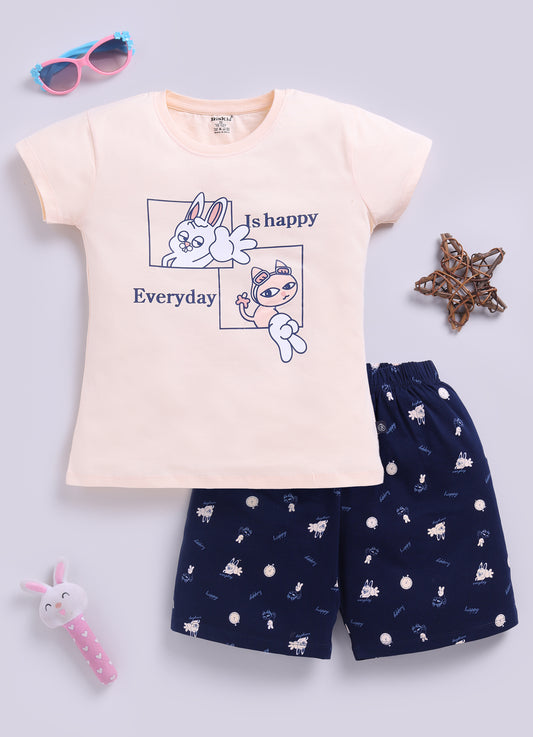Peach Printed Lounge Wear for Girls by Biskid