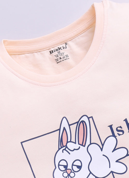 Peach Printed Lounge Wear for Girls by Biskid