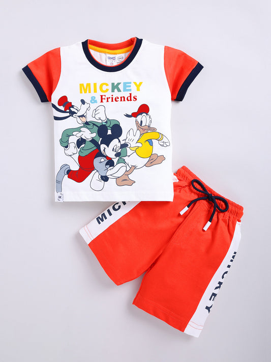 Orange Micky Printed T-Shirt Pant Set for Boys by Uno Kids