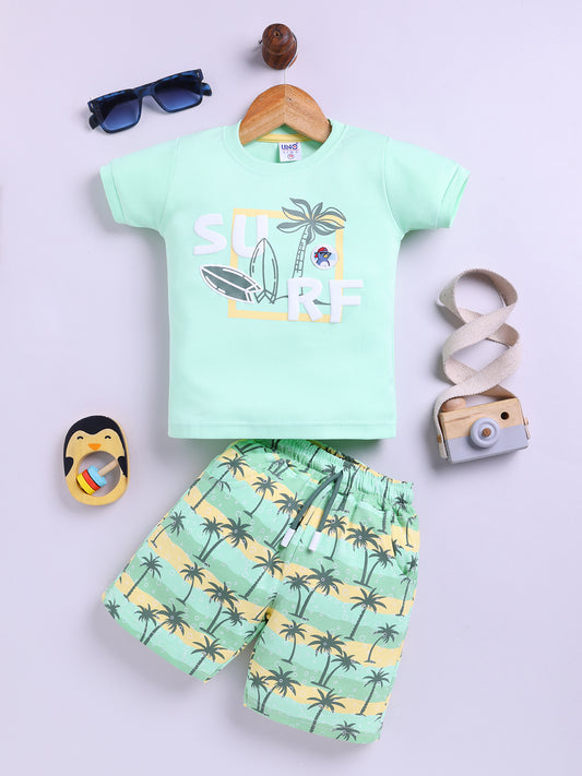 Green Printed T-Shirt Pant Set for Boys by Uno Kids