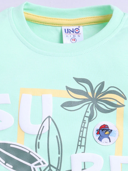 Green Printed T-Shirt Pant Set for Boys by Uno Kids